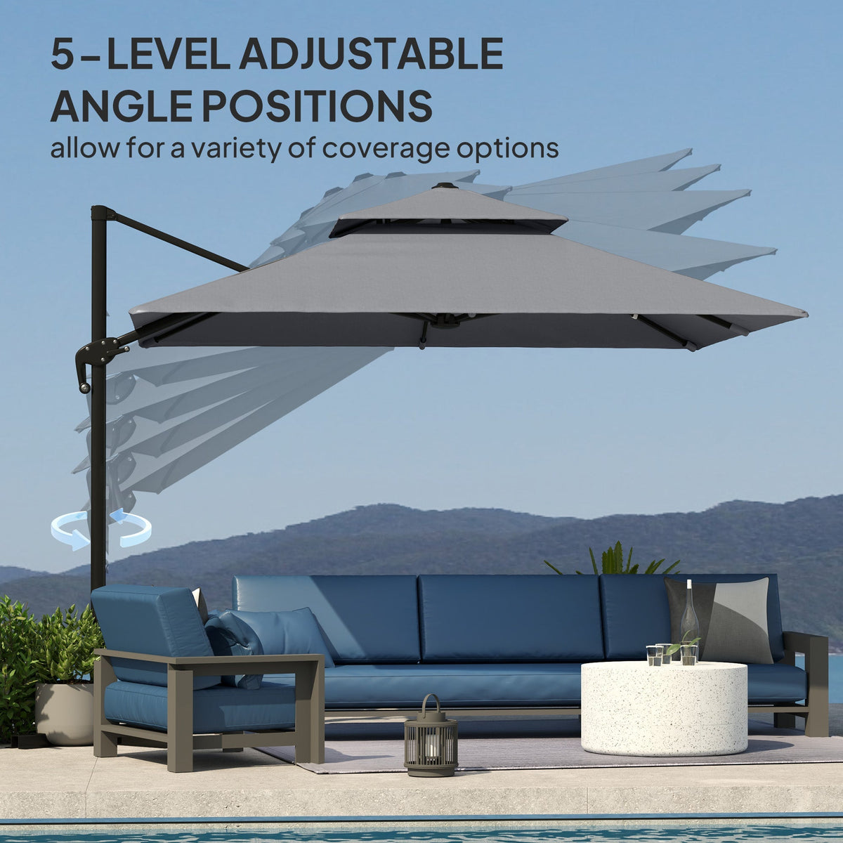 10' x 10' Double Top Square Offset Umbrella with Umbrella Cover, Light Grey