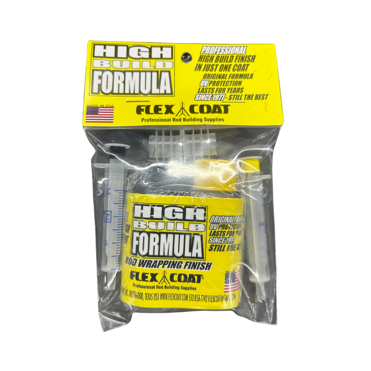 Clear plastic package containing a yellow-labeled bottle of Flex Coat Rod Wrap High Build & Lite Finish with measuring cup and brush, designed for professional fishing rod wrapping finish.