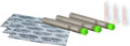 Tackle Beacon Battery (3 Pack) consisting of three cylindrical batteries with green caps, accompanied by four small translucent protective caps and three sheets of printed fishing tackle tape.