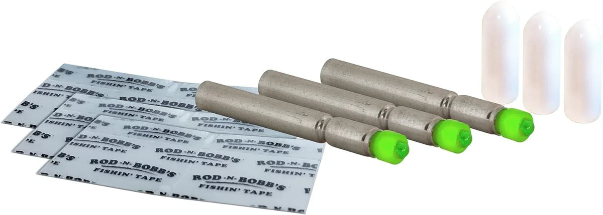 Tackle Beacon Battery (3 Pack) consisting of three cylindrical batteries with green caps, accompanied by four small translucent protective caps and three sheets of printed fishing tackle tape.