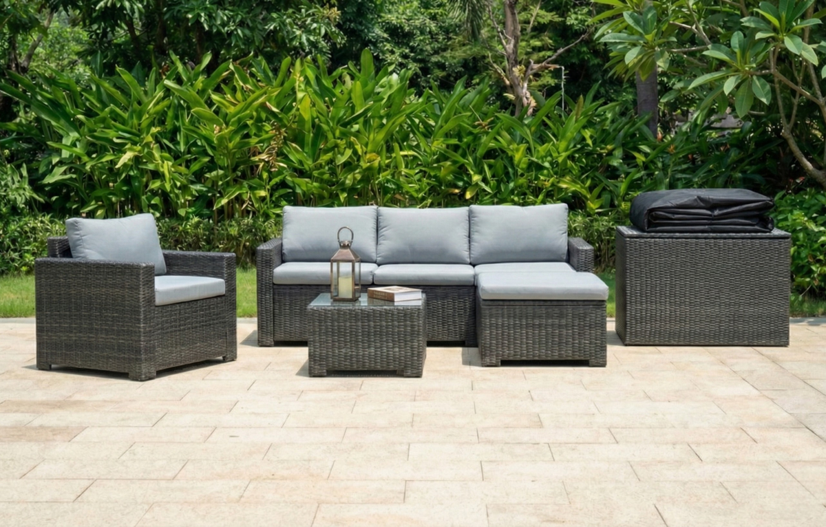 Marbella Grey 5 Seater Chaise Garden Sofa Set, Cover and Cushion Box Bundle