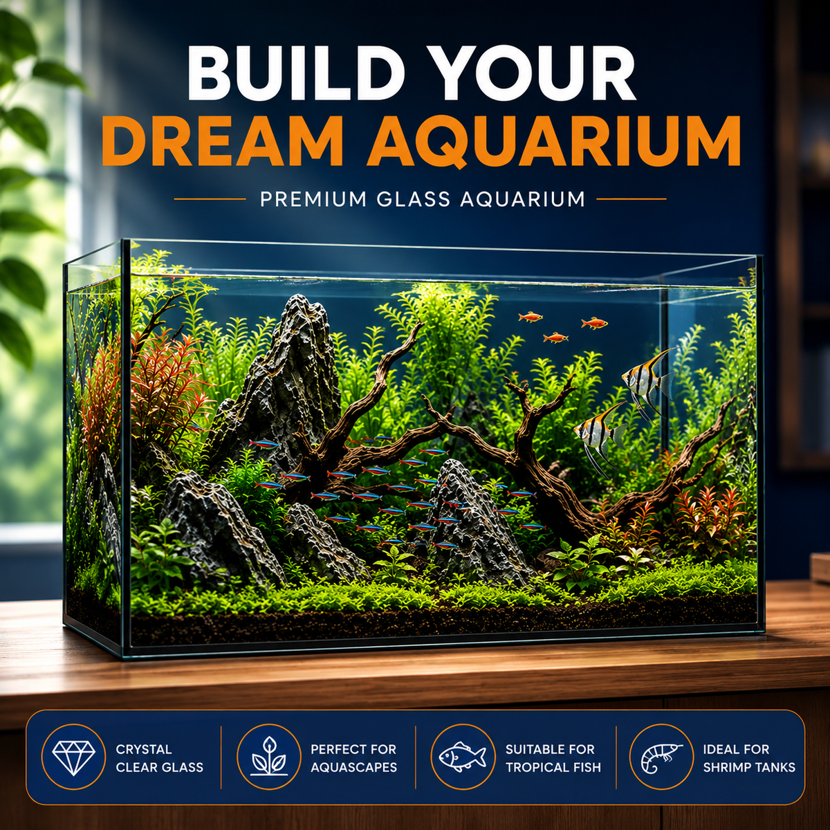 Aquael 54L Glass Aquarium Fish Tank - Elegant & Durable Design