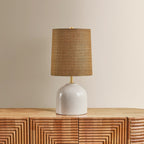 Mitzi Gladys 20 in. Table Lamp, Aged Brass with Ceramic Vanilla Bean & Handicraft Hemp Drum Shade