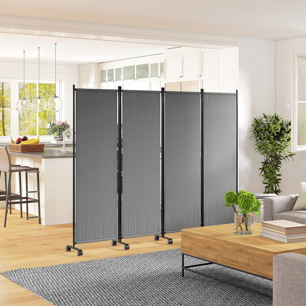 4 Panel Folding Room Divider with Lockable Wheels, Dark Grey