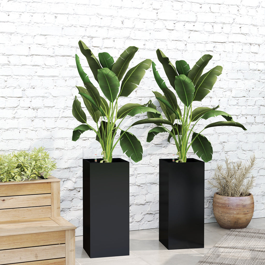 26" Plastic Planter Box 2-Pack with Water Level Indicator, Drainage Hole and Plug, Black