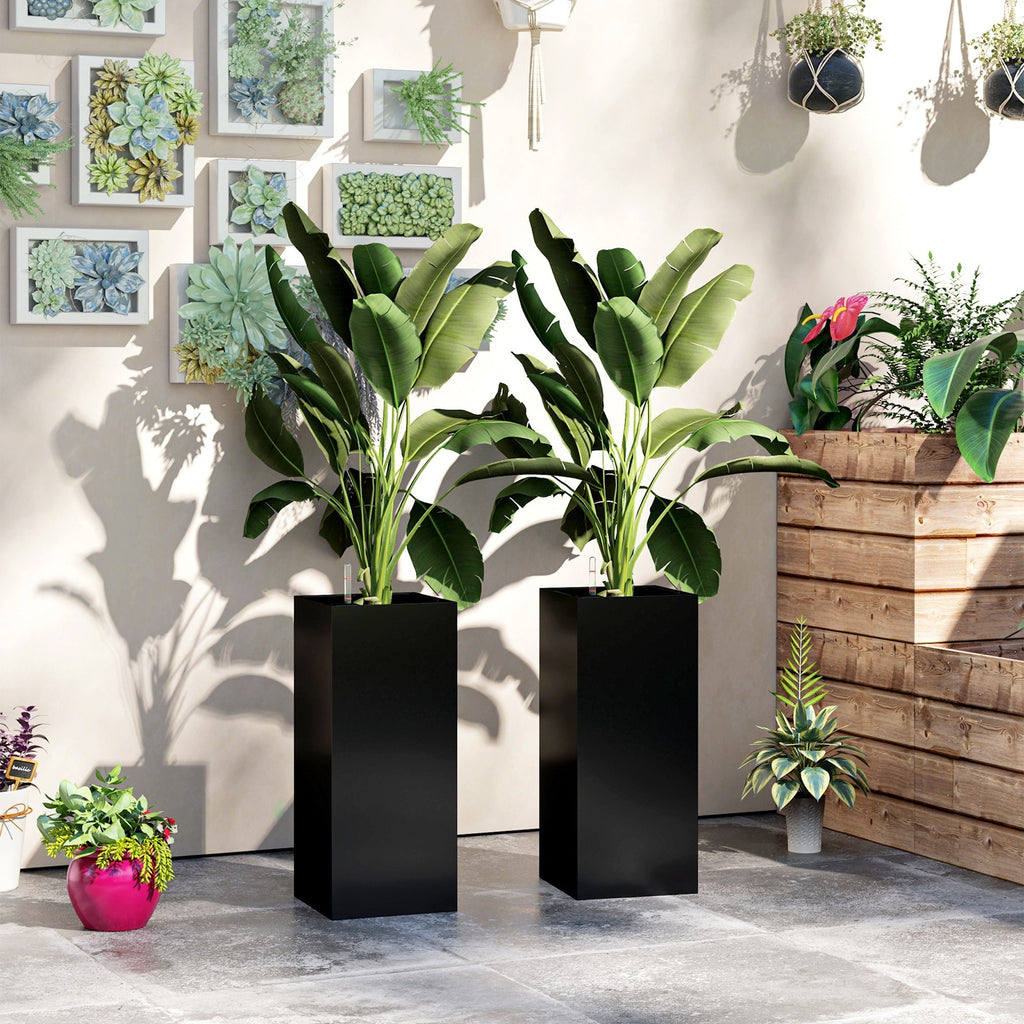 26" Plastic Planter Box 2-Pack with Water Level Indicator, Drainage Hole and Plug, Black