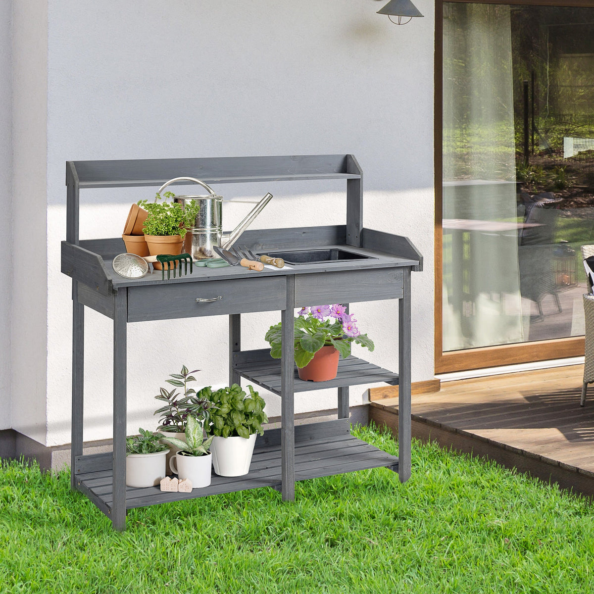 Deluxe Outdoor Potting Table with Sink & Storage Solutions for Patio, Courtyards, Balcony