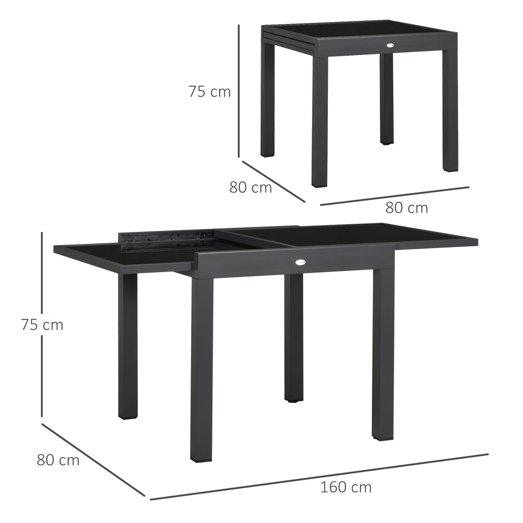 Extending Garden Table w/ Aluminium Frame & Tempered Glass Tabletop, 80/160 x 80 x 75 cm, Black