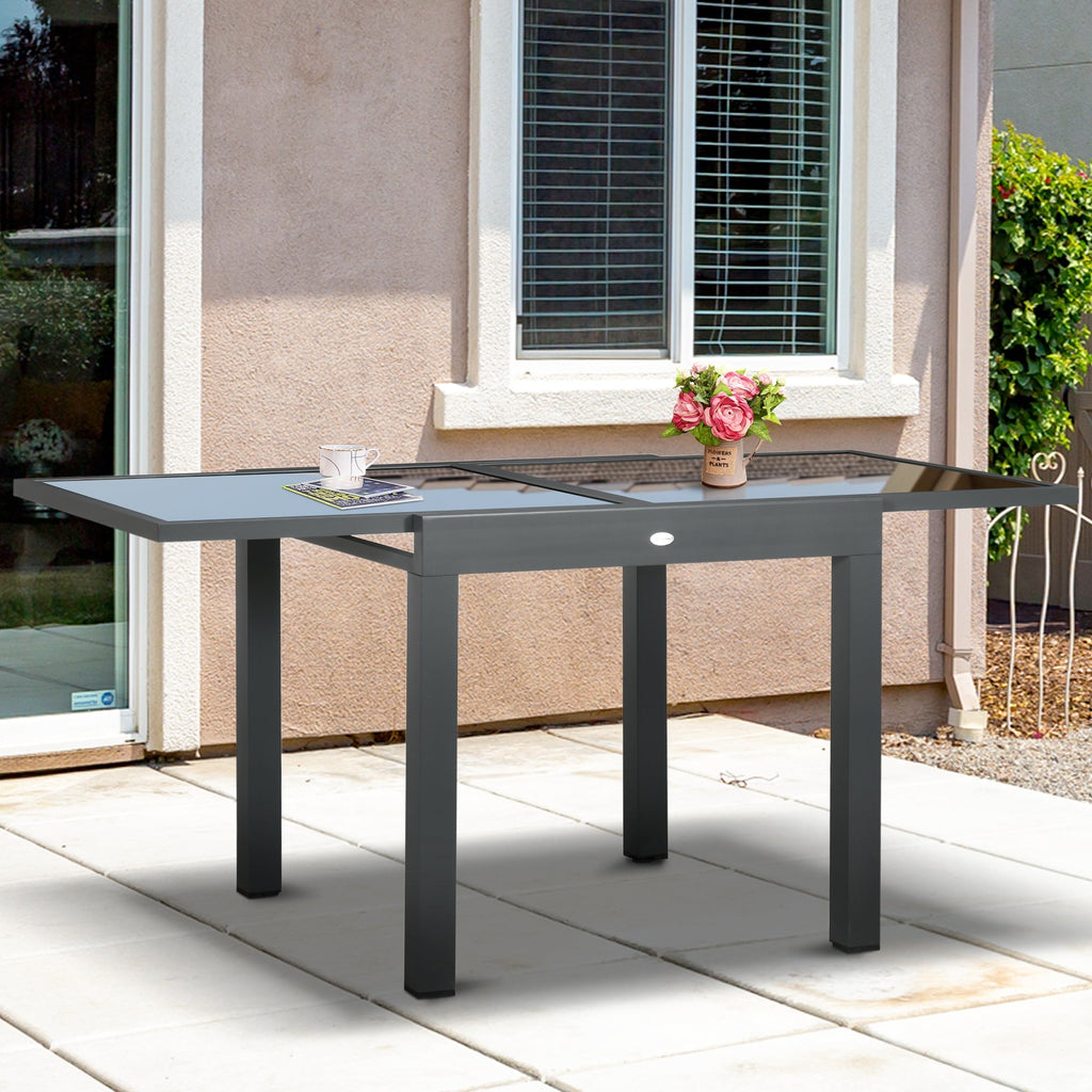 Extending Garden Table w/ Aluminium Frame & Tempered Glass Tabletop, 80/160 x 80 x 75 cm, Black