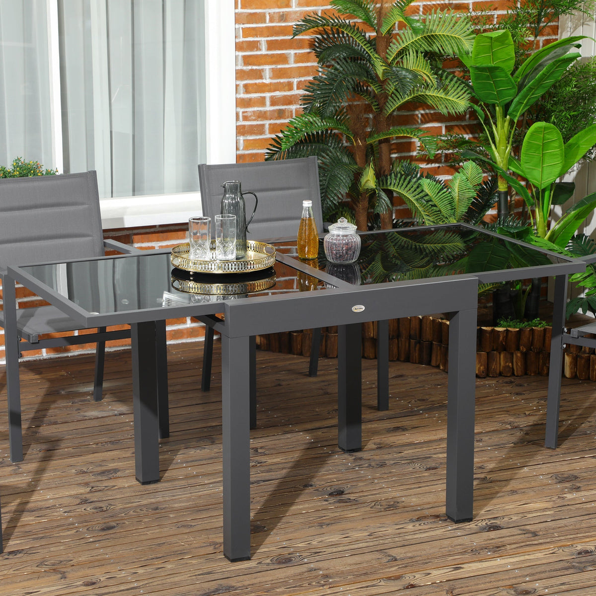 Extending Garden Table w/ Aluminium Frame & Tempered Glass Tabletop, 80/160 x 80 x 75 cm, Black