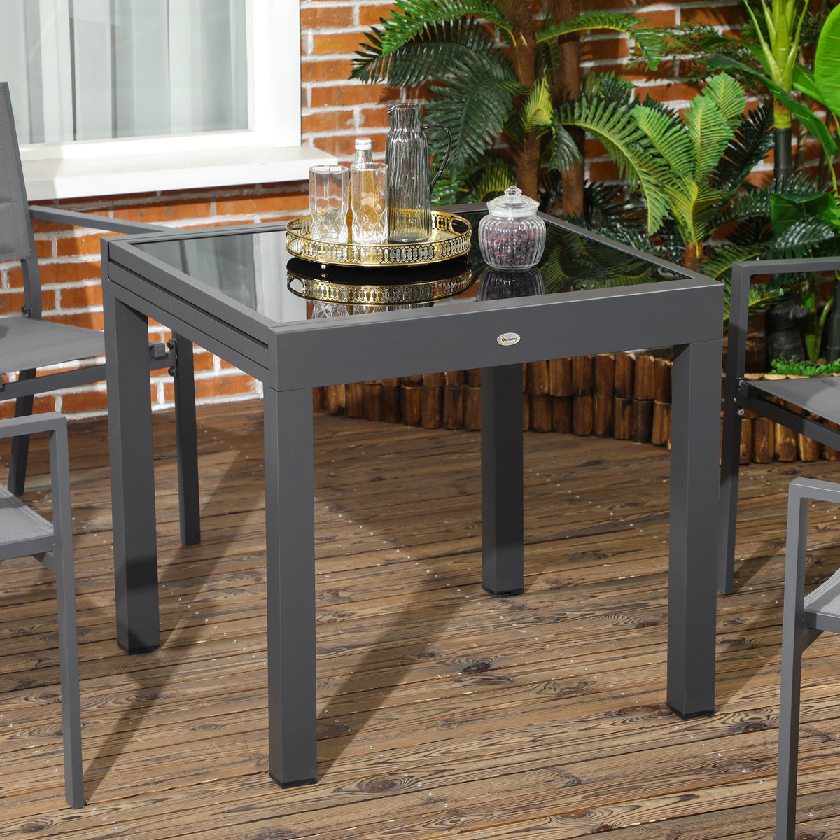Extending Garden Table w/ Aluminium Frame & Tempered Glass Tabletop, 80/160 x 80 x 75 cm, Black