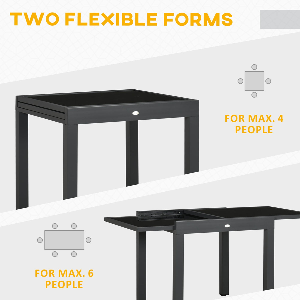 Extending Garden Table w/ Aluminium Frame & Tempered Glass Tabletop, 80/160 x 80 x 75 cm, Black