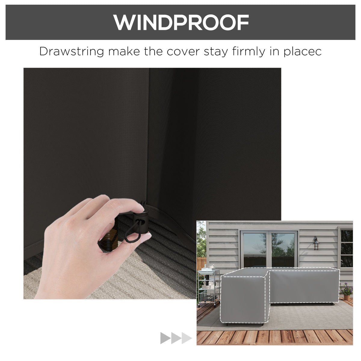 L-Shaped 420D Oxford Fabric Rattan Corner Sofa Cover with PU Coating, Black, 250x250x79cm