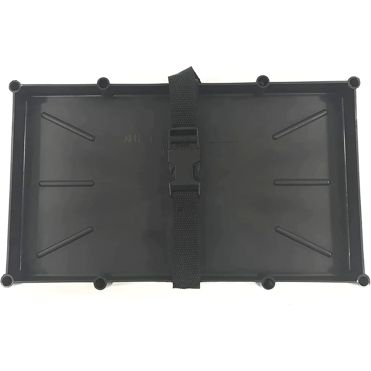 TH Marine Narrow Battery Holder Trays feature a sturdy black plastic design with raised edges and an adjustable strap with buckle to securely hold marine batteries in place.