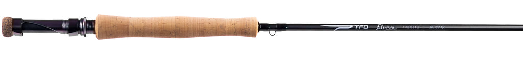 TFO Elevare Fly Rod with cork handle and sleek black finish, designed for precision fly fishing, displayed on white background highlighting craftsmanship and materials.