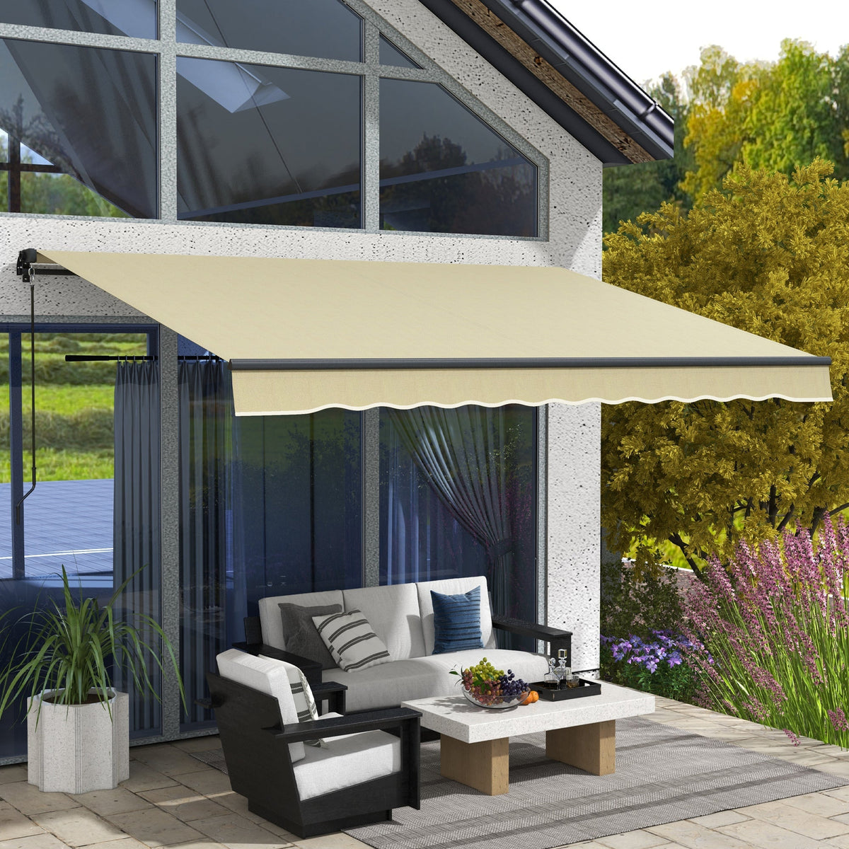 12' x 10' Retractable Awning, UV-Resistant 280GSM Sunshade Shelter for Deck & Balcony, Beige