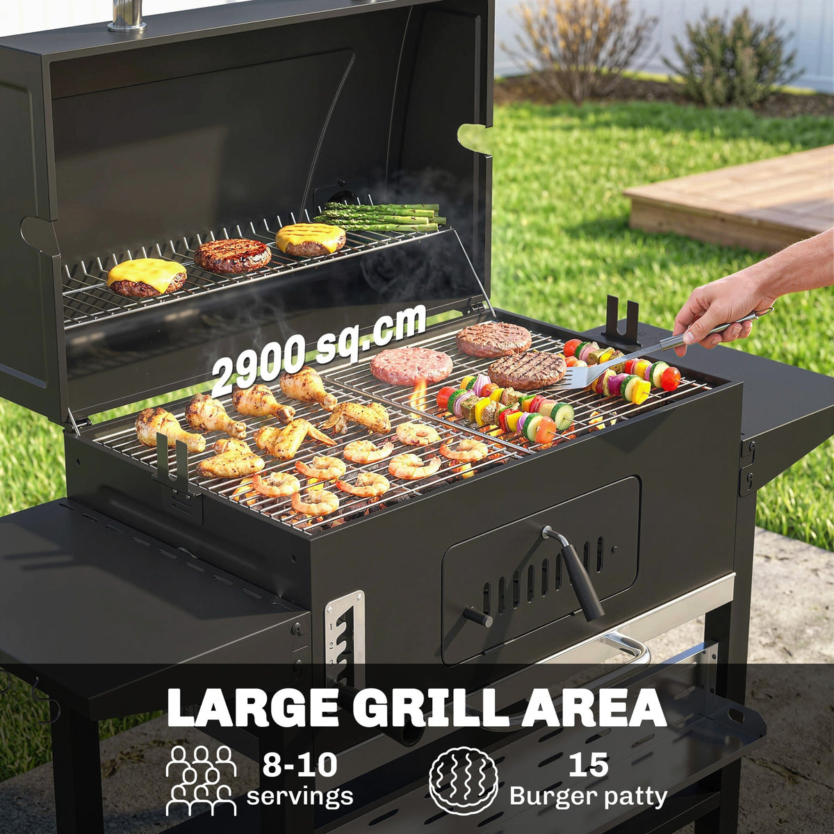 Charcoal BBQ Grill Smoker with Rotisserie Kit and Side Tables, Black