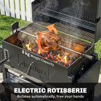 Charcoal BBQ Grill Smoker with Rotisserie Kit and Side Tables, Black
