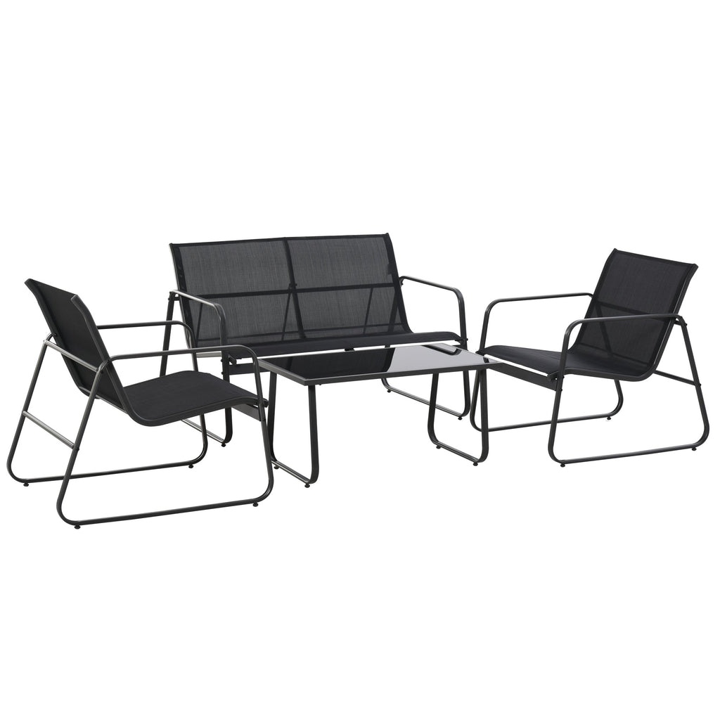 4 Piece Outdoor Patio Sofa Set with Loveseat, Single Chairs & Glass Top Table, Black