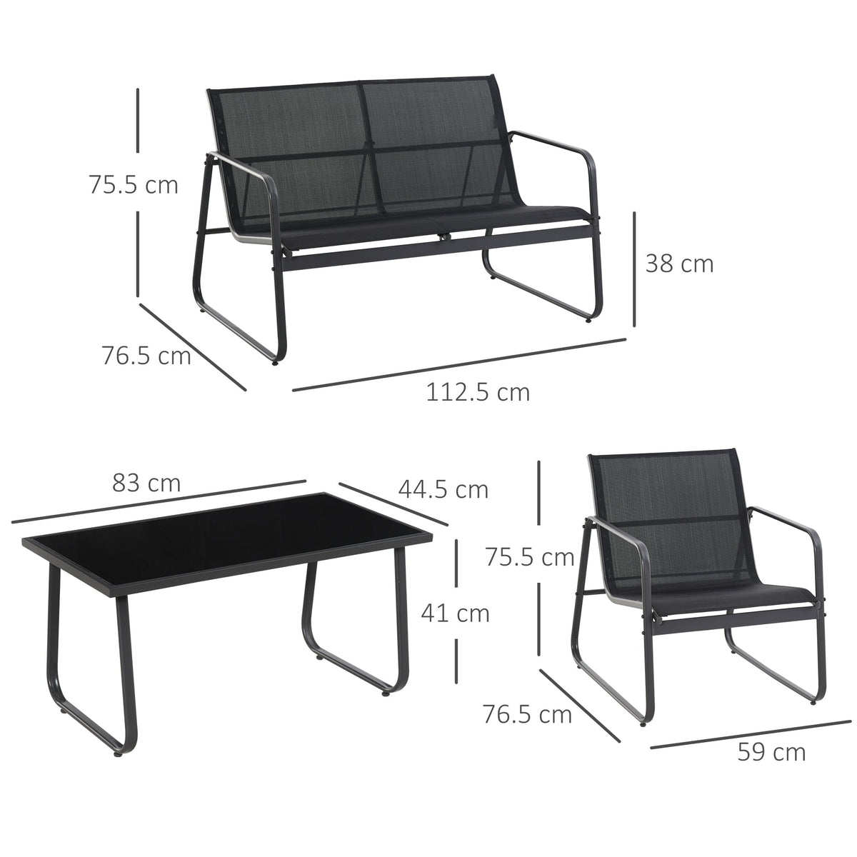 4 Piece Outdoor Patio Sofa Set with Loveseat, Single Chairs & Glass Top Table, Black