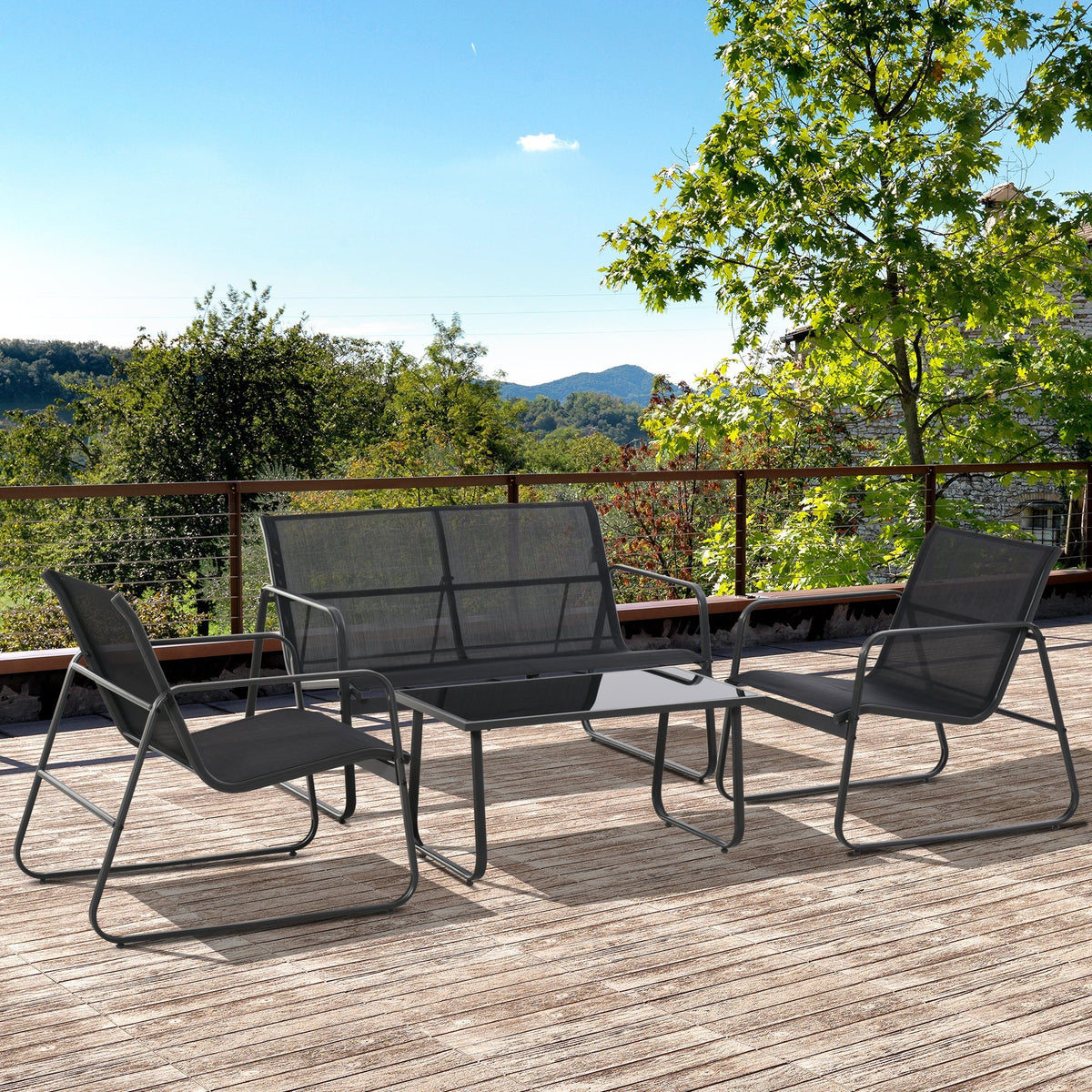 4 Piece Outdoor Patio Sofa Set with Loveseat, Single Chairs & Glass Top Table, Black