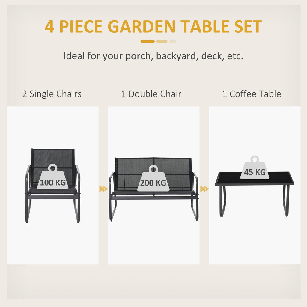 4 Piece Outdoor Patio Sofa Set with Loveseat, Single Chairs & Glass Top Table, Black