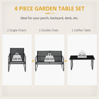 4 Piece Outdoor Patio Sofa Set with Loveseat, Single Chairs & Glass Top Table, Black