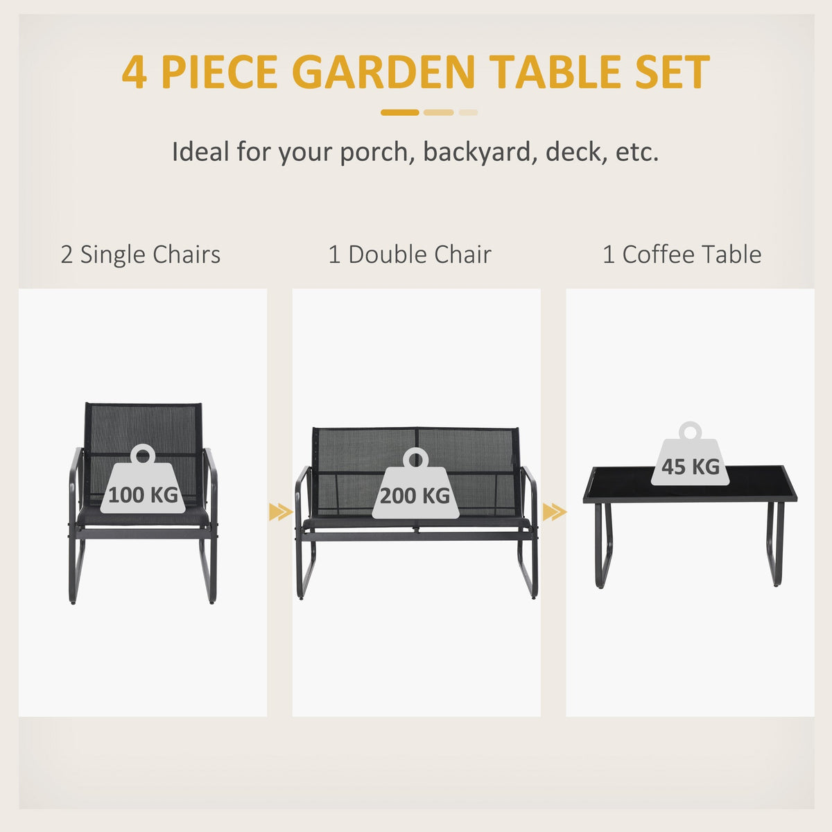 4 Piece Outdoor Patio Sofa Set with Loveseat, Single Chairs & Glass Top Table, Black