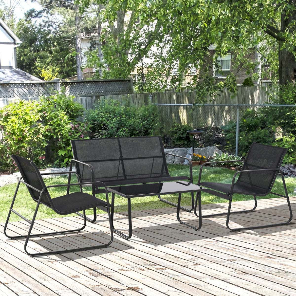 4 Piece Outdoor Patio Sofa Set with Loveseat, Single Chairs & Glass Top Table, Black
