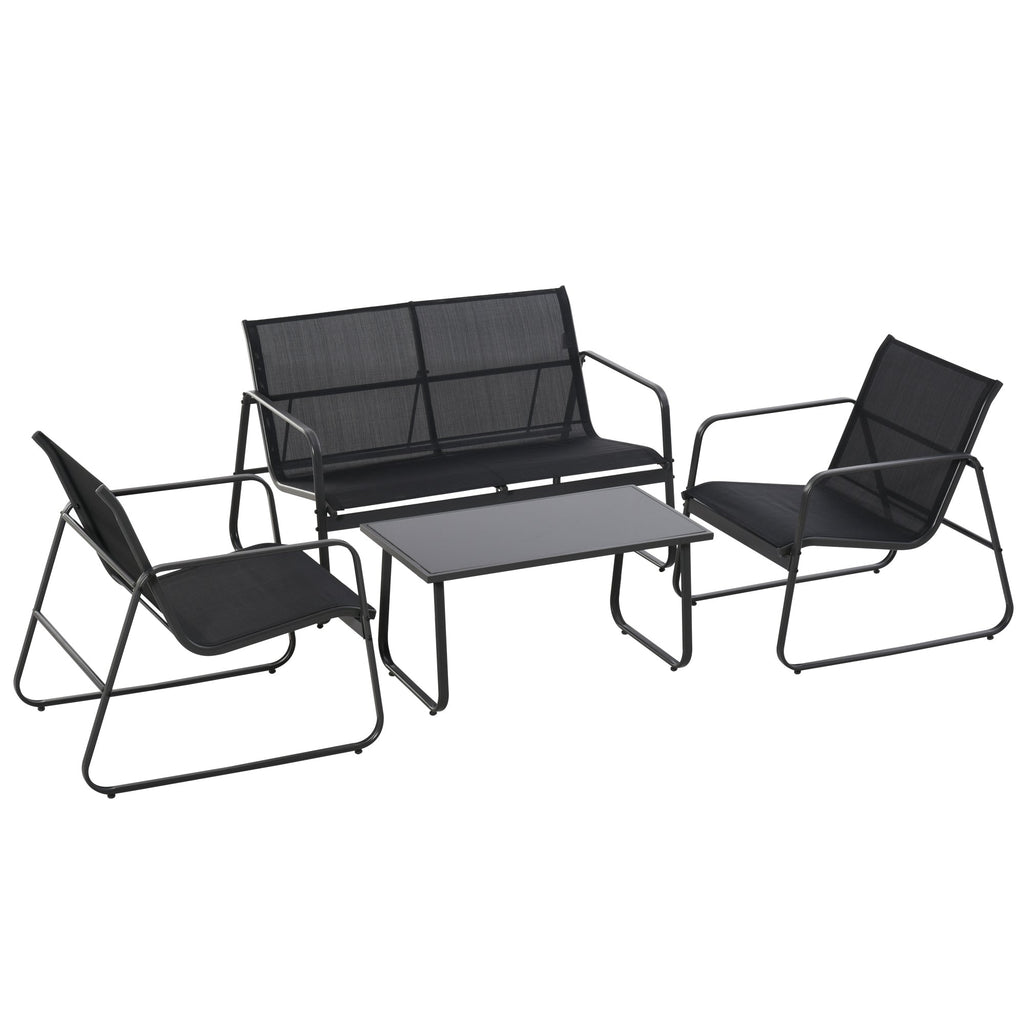 4 Piece Outdoor Patio Sofa Set with Loveseat, Single Chairs & Glass Top Table, Black