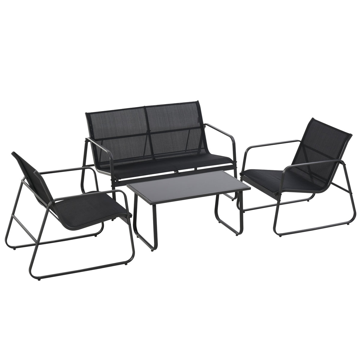 4 Piece Outdoor Patio Sofa Set with Loveseat, Single Chairs & Glass Top Table, Black