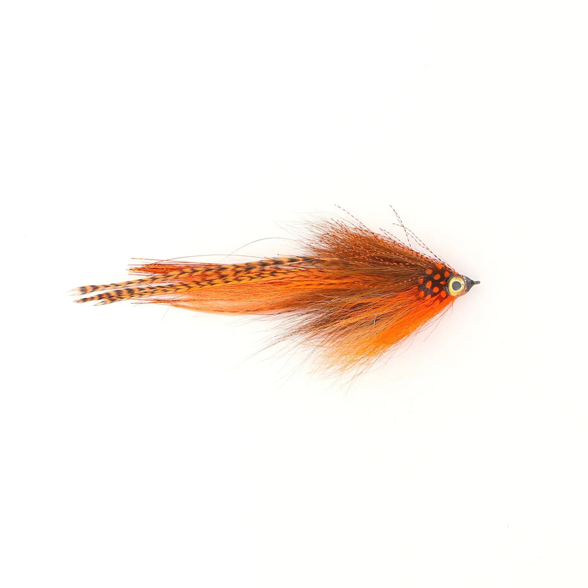 Single Minnow Urban Fly Co. fishing lure in orange and black with feather and synthetic fibers designed for fly fishing and musky fishing tackle.