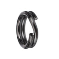 Close-up view of a single dark metal Owner Hyperwire Split Ring used for securely attaching fishing lures and tackle in fishing setups.