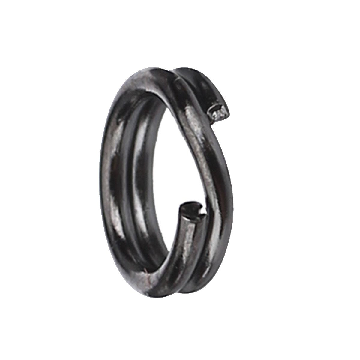 Close-up view of a single dark metal Owner Hyperwire Split Ring used for securely attaching fishing lures and tackle in fishing setups.