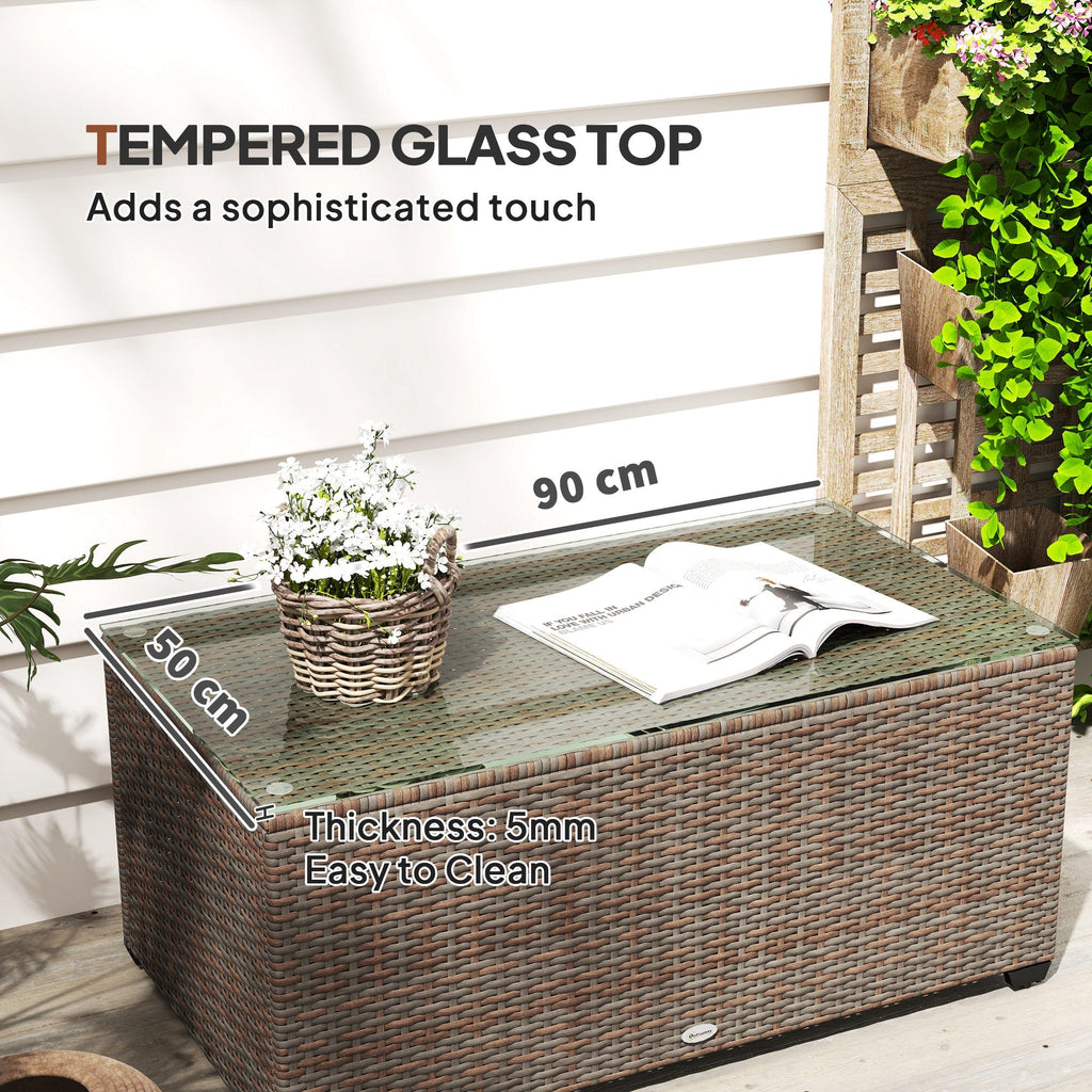 PE Rattan Side Table with Tempered Glass Top & Steel Frame, 90 x 50 x 38cm, Brown