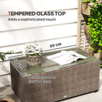 PE Rattan Side Table with Tempered Glass Top & Steel Frame, 90 x 50 x 38cm, Brown