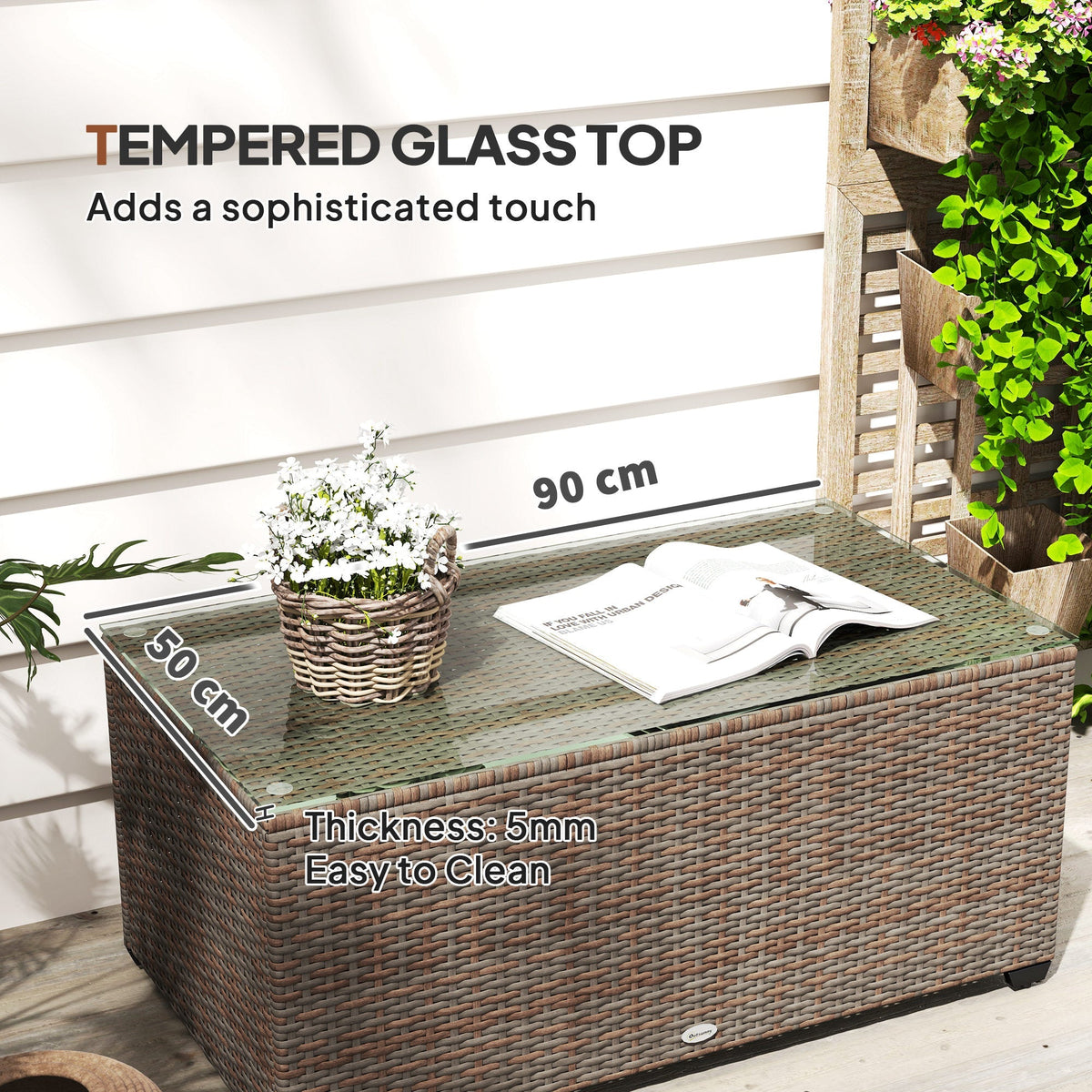 PE Rattan Side Table with Tempered Glass Top & Steel Frame, 90 x 50 x 38cm, Brown