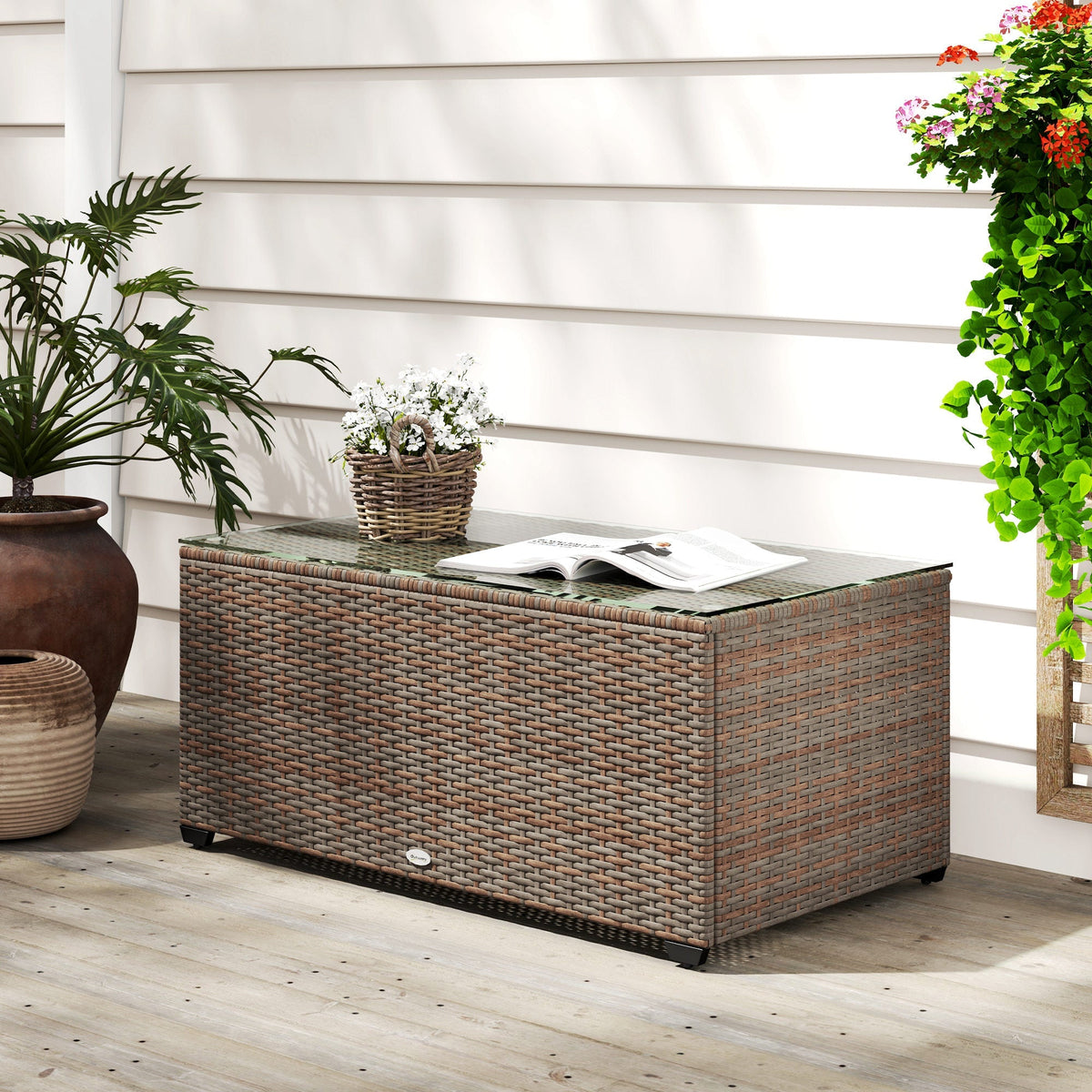 PE Rattan Side Table with Tempered Glass Top & Steel Frame, 90 x 50 x 38cm, Brown