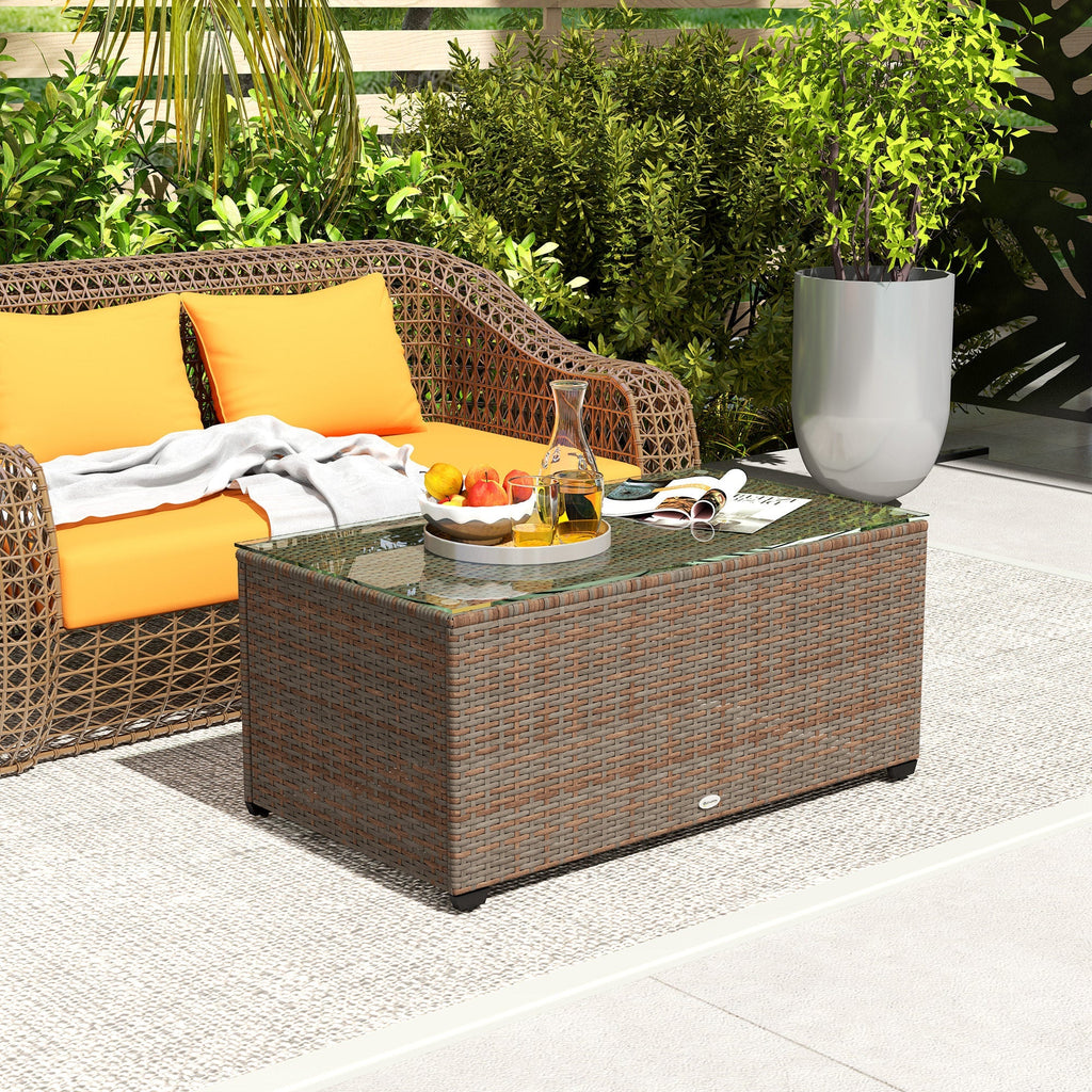 PE Rattan Side Table with Tempered Glass Top & Steel Frame, 90 x 50 x 38cm, Brown