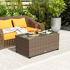 PE Rattan Side Table with Tempered Glass Top & Steel Frame, 90 x 50 x 38cm, Brown