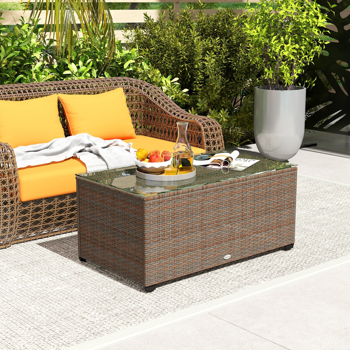 PE Rattan Side Table with Tempered Glass Top & Steel Frame, 90 x 50 x 38cm, Brown