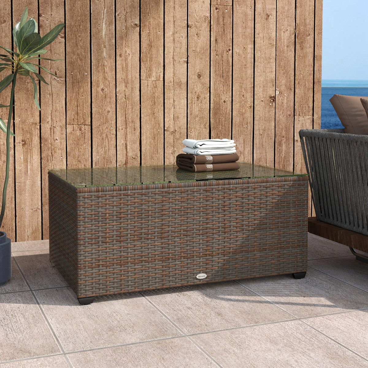 PE Rattan Side Table with Tempered Glass Top & Steel Frame, 90 x 50 x 38cm, Brown