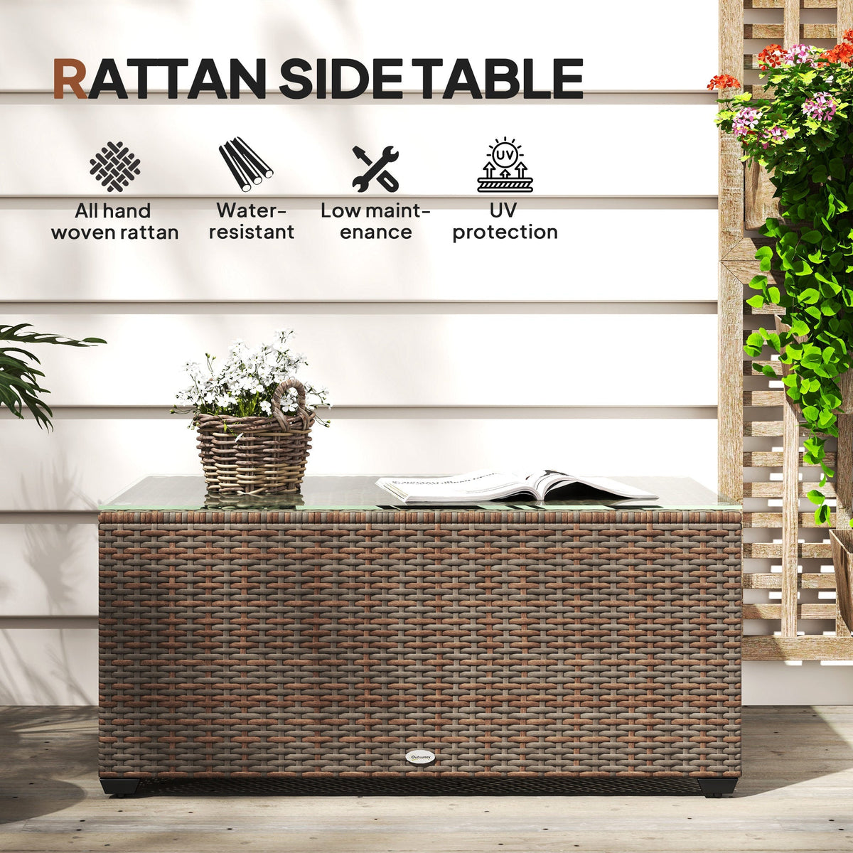 PE Rattan Side Table with Tempered Glass Top & Steel Frame, 90 x 50 x 38cm, Brown