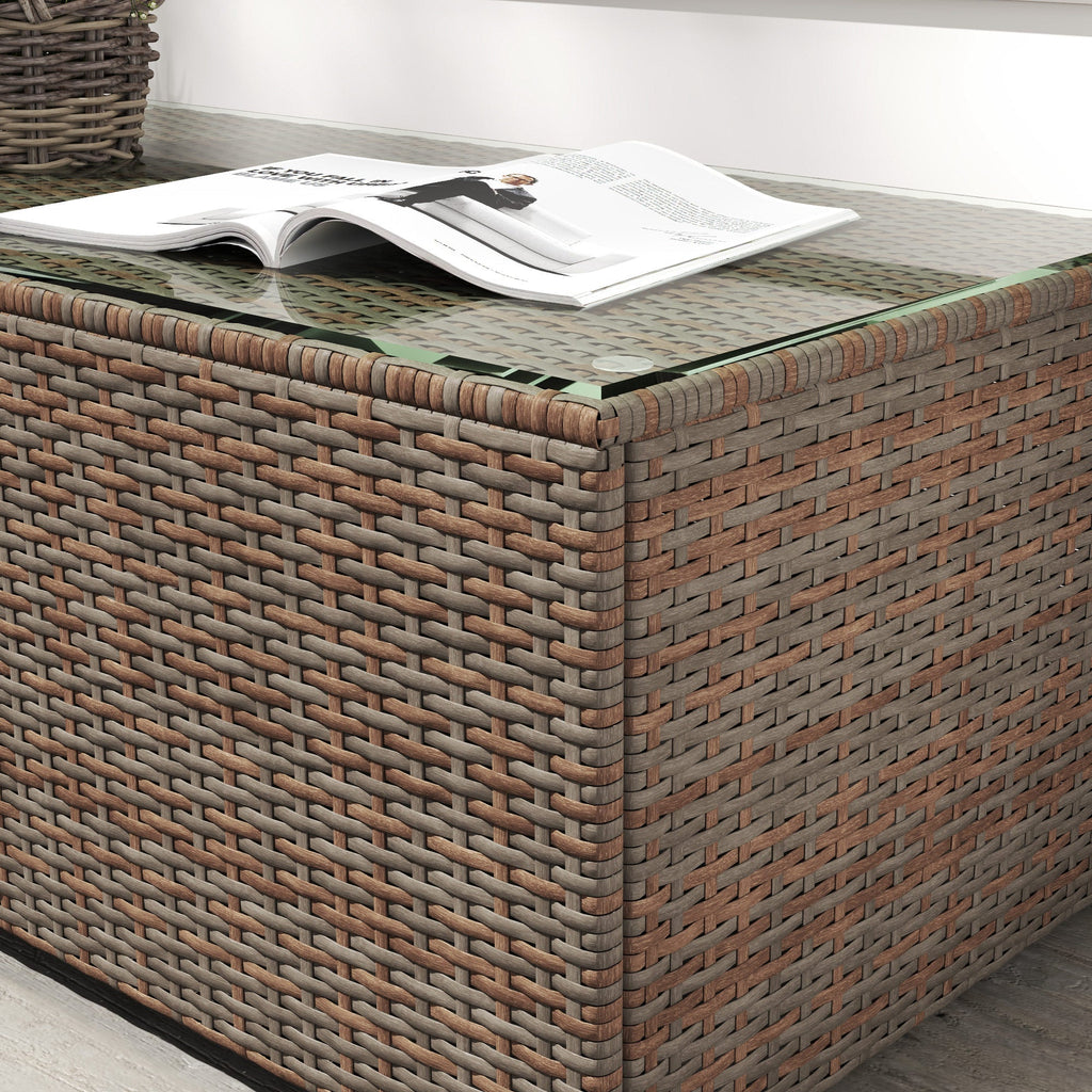 PE Rattan Side Table with Tempered Glass Top & Steel Frame, 90 x 50 x 38cm, Brown