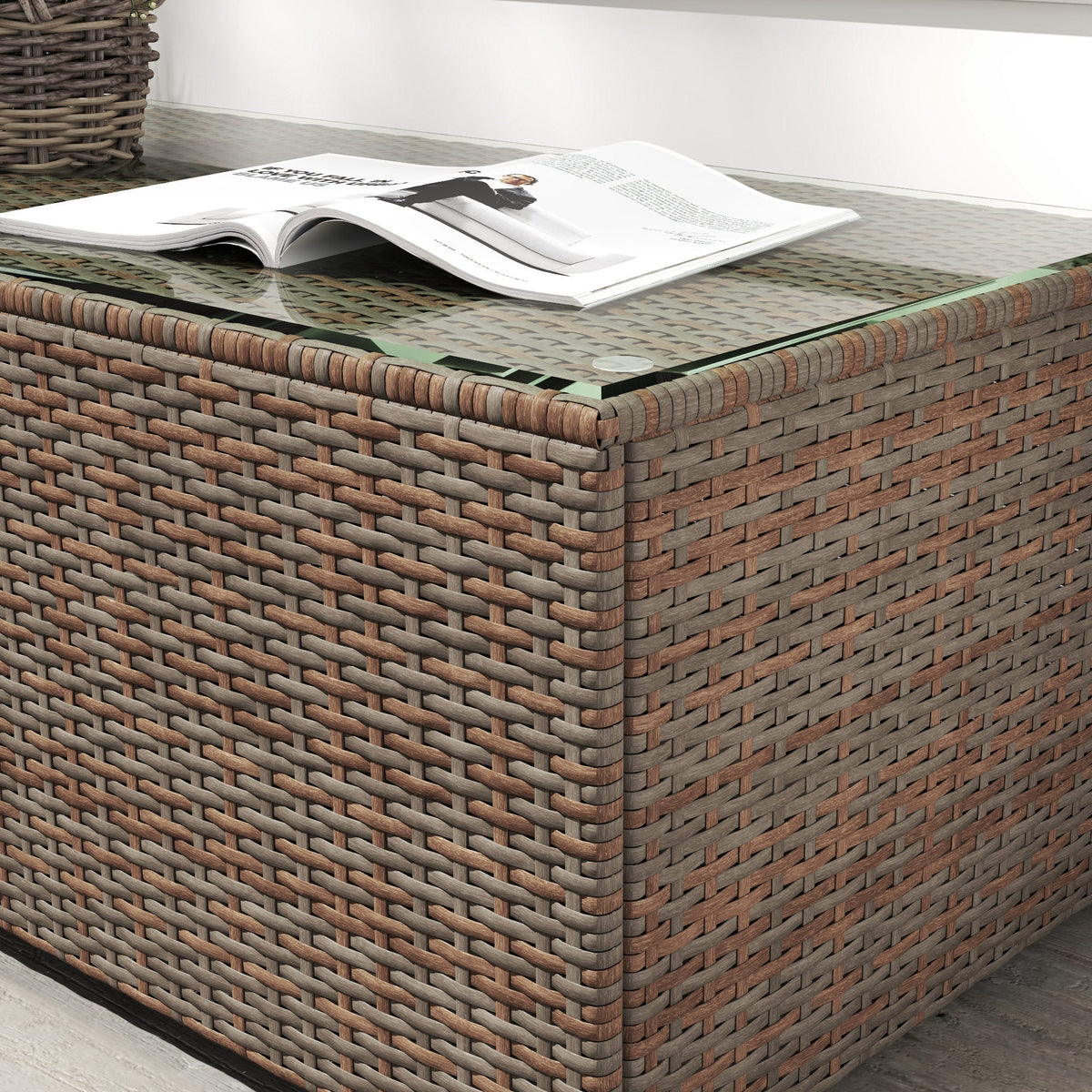PE Rattan Side Table with Tempered Glass Top & Steel Frame, 90 x 50 x 38cm, Brown