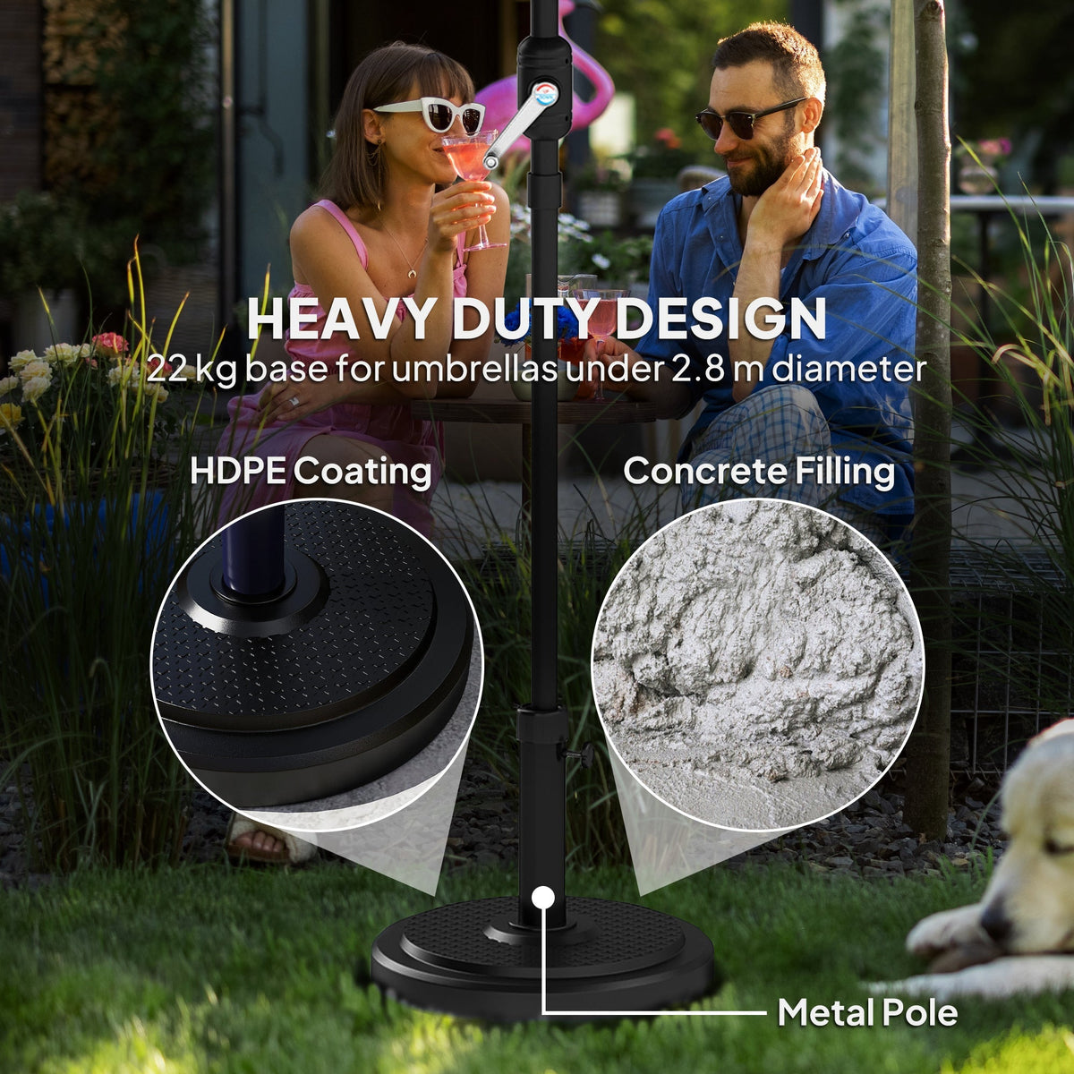 22kg Round HDPE Garden Umbrella Base for 38mm or 48mm Outdoor Umbrella Poles, Black
