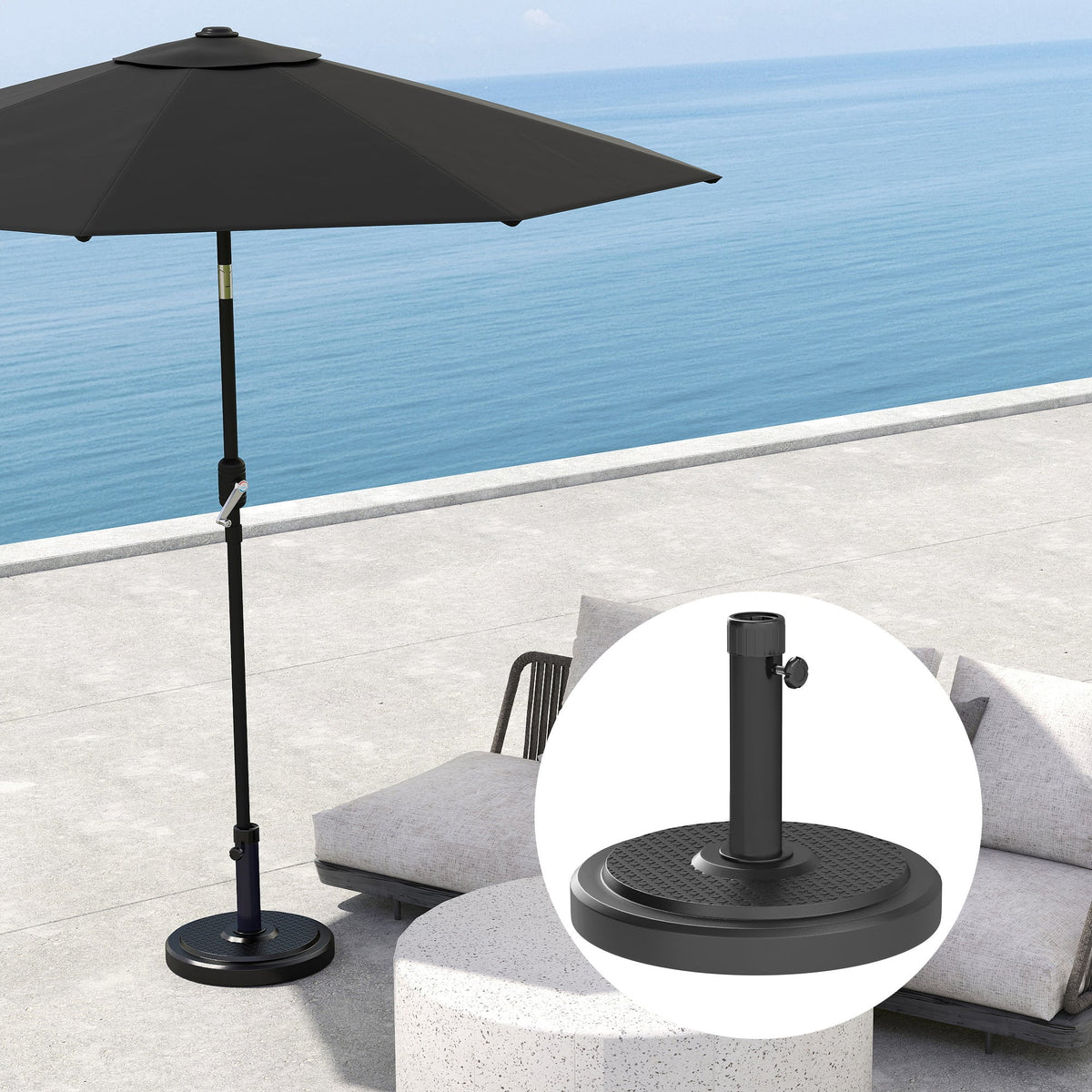 22kg Round HDPE Garden Umbrella Base for 38mm or 48mm Outdoor Umbrella Poles, Black