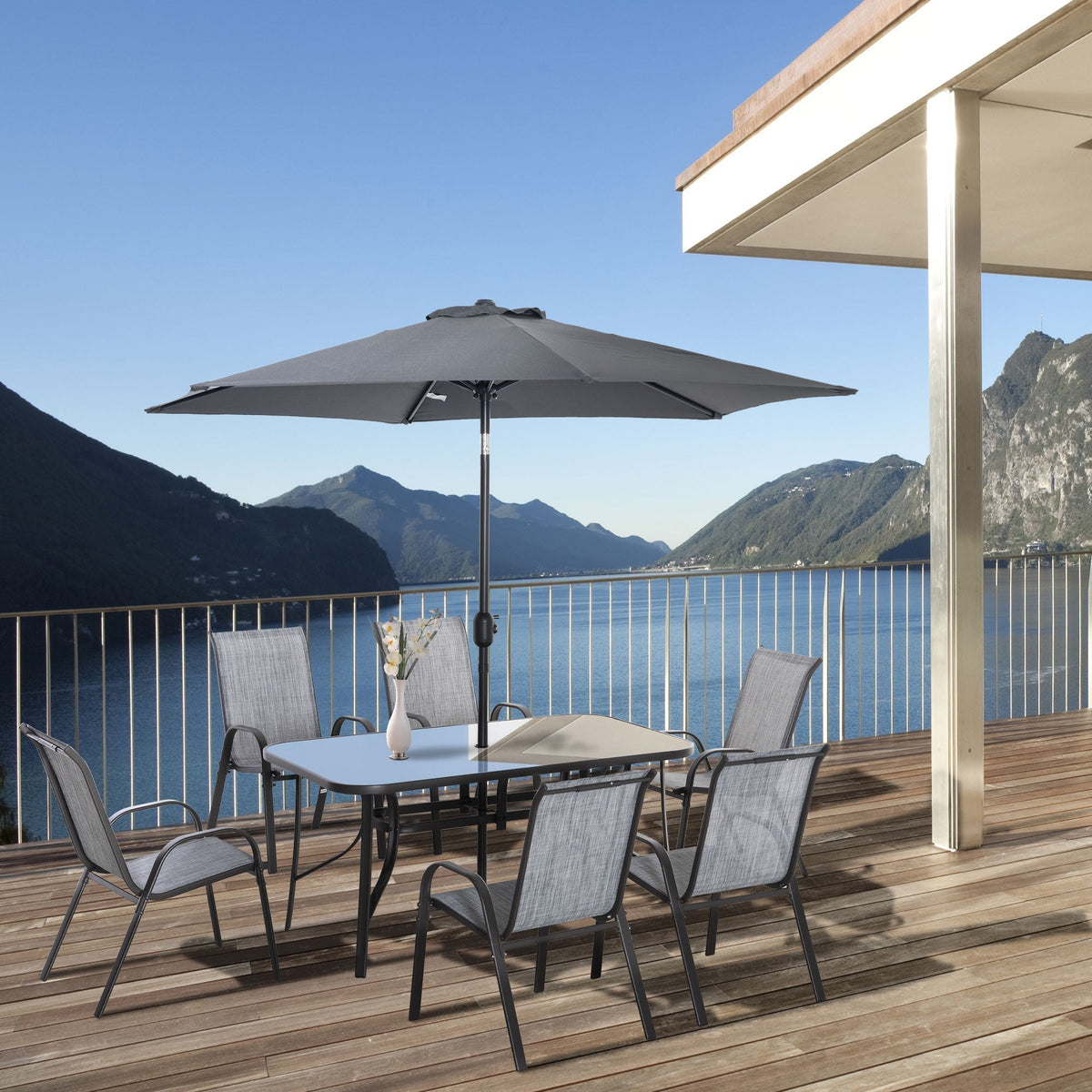 8 Pieces Patio Dining Set with Umbrella, Aluminum Frame Outdoor Table & 6 , Grey
