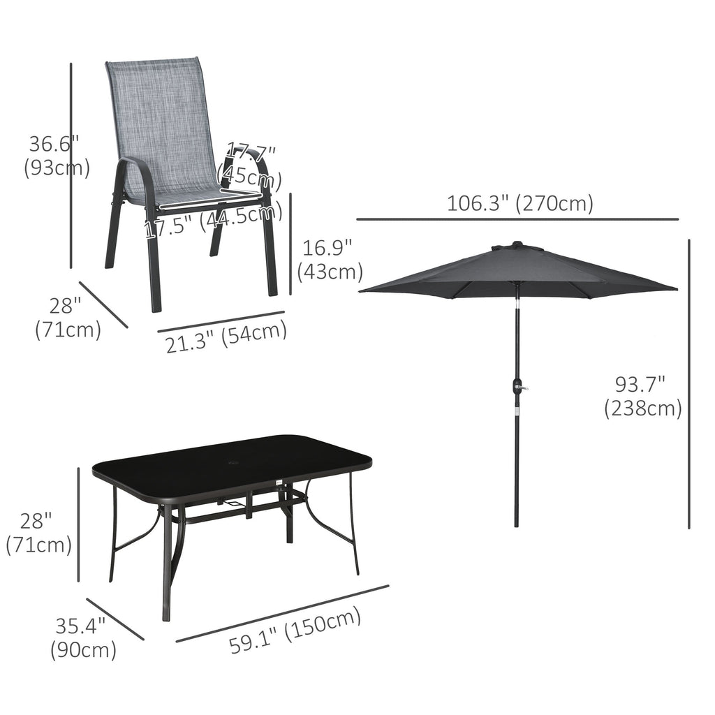 8 Pieces Patio Dining Set with Umbrella, Aluminum Frame Outdoor Table & 6 , Grey
