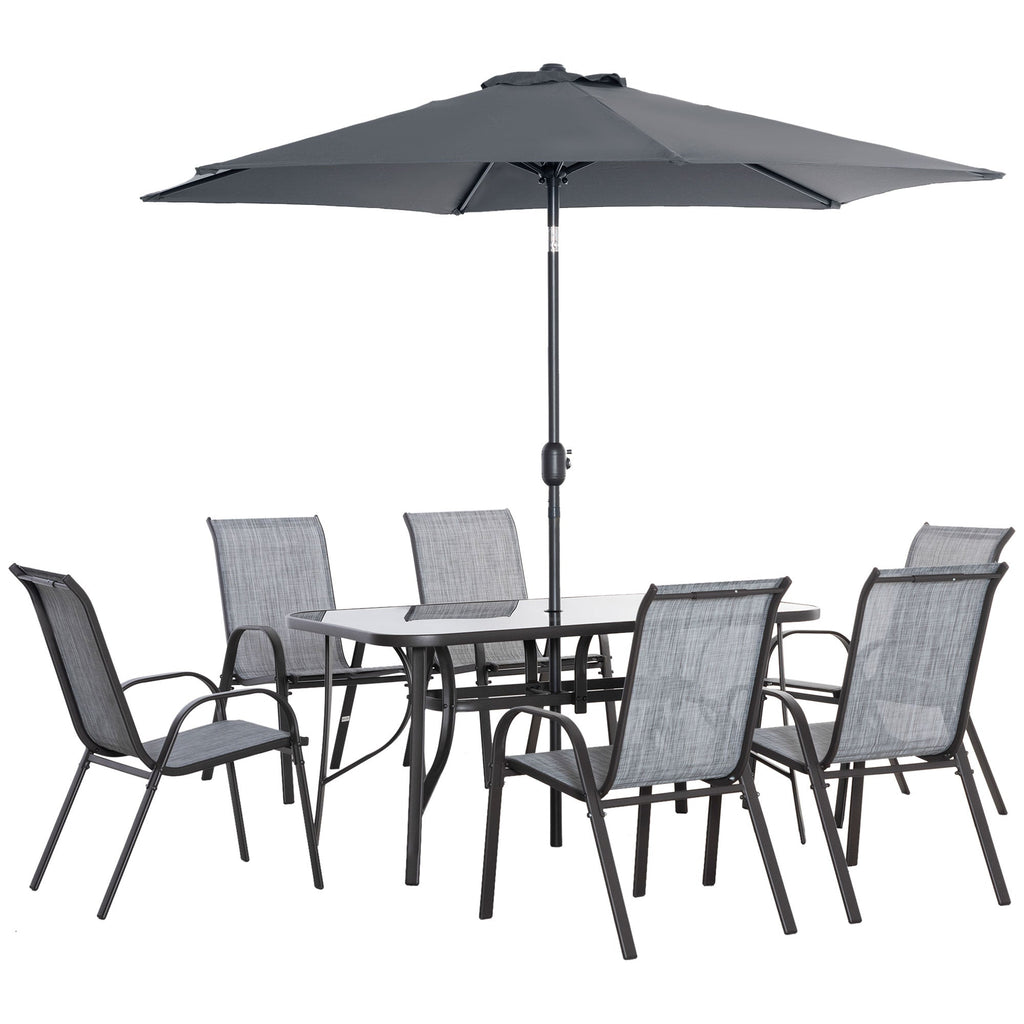 8 Pieces Patio Dining Set with Umbrella, Aluminum Frame Outdoor Table & 6 , Grey